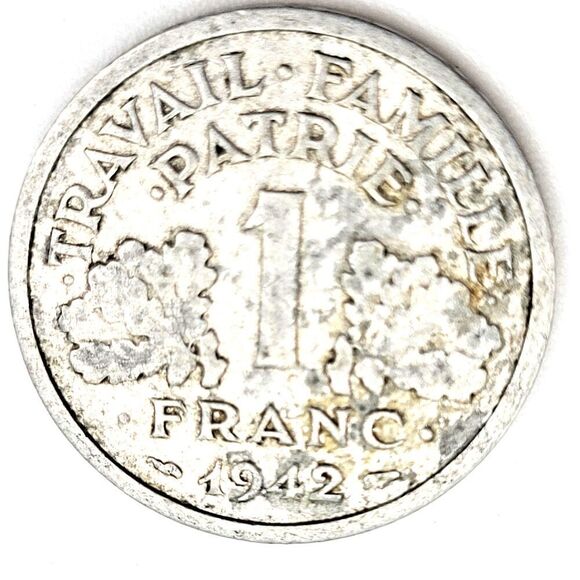 FRANCE 1 FRANC 1942 Travail Famille patrie French coin Francais - Picture 1 of 2
